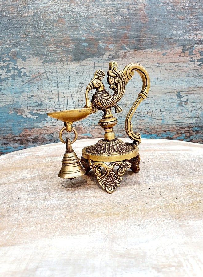 Mohan Jodero Peacock Deepak/Diya with Bell Antique Home Decorative for Temple & Festival - Image 2